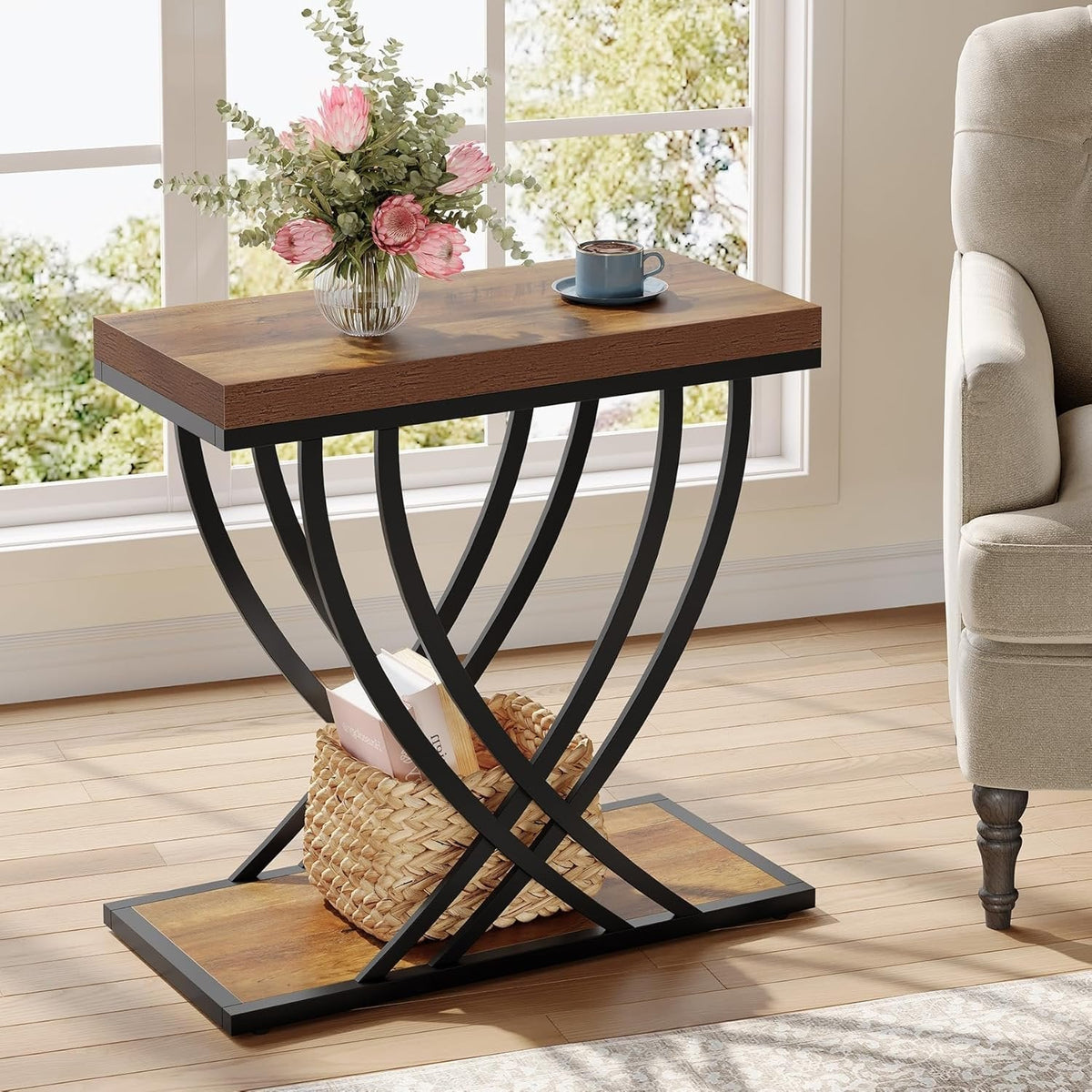2-Tier Narrow End Table, 23.62" Side Table with Metal Frame for Living Room