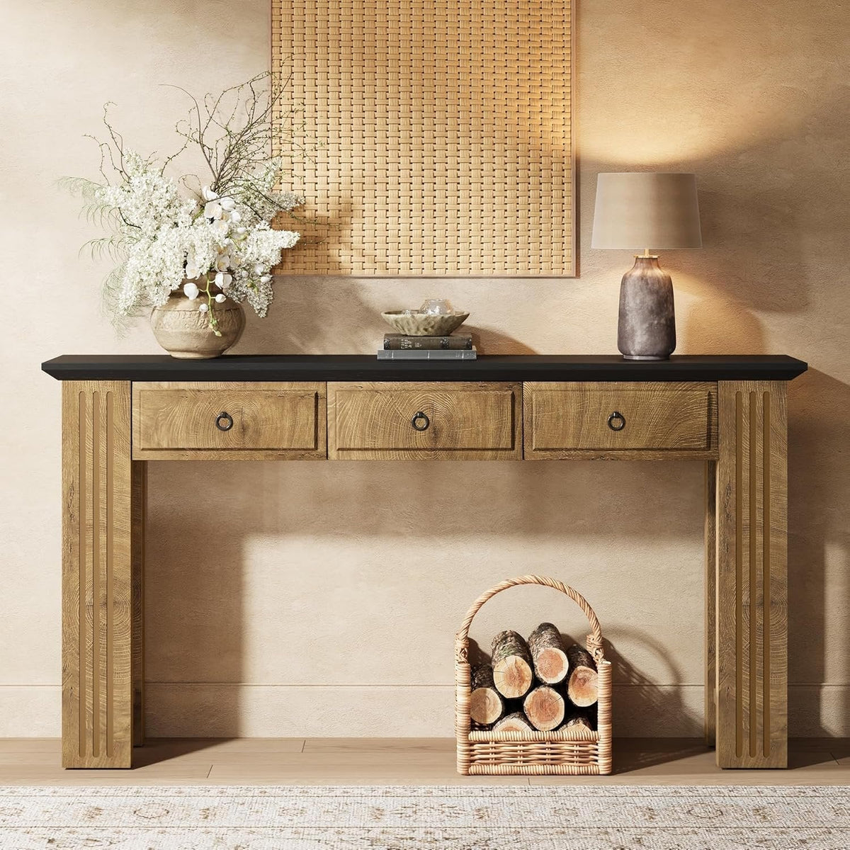 63" Console Table with 3 Drawers, Narrow Sofa Table Behind Couch
