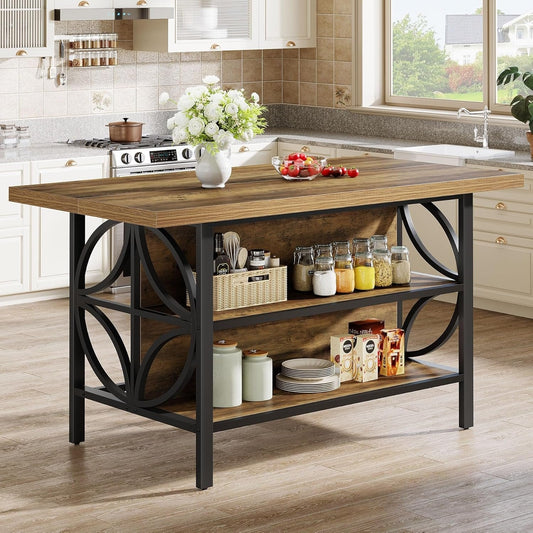 63" Kitchen Island with Storage, 2-Tier Kitchen Bar Table with Large Worktop