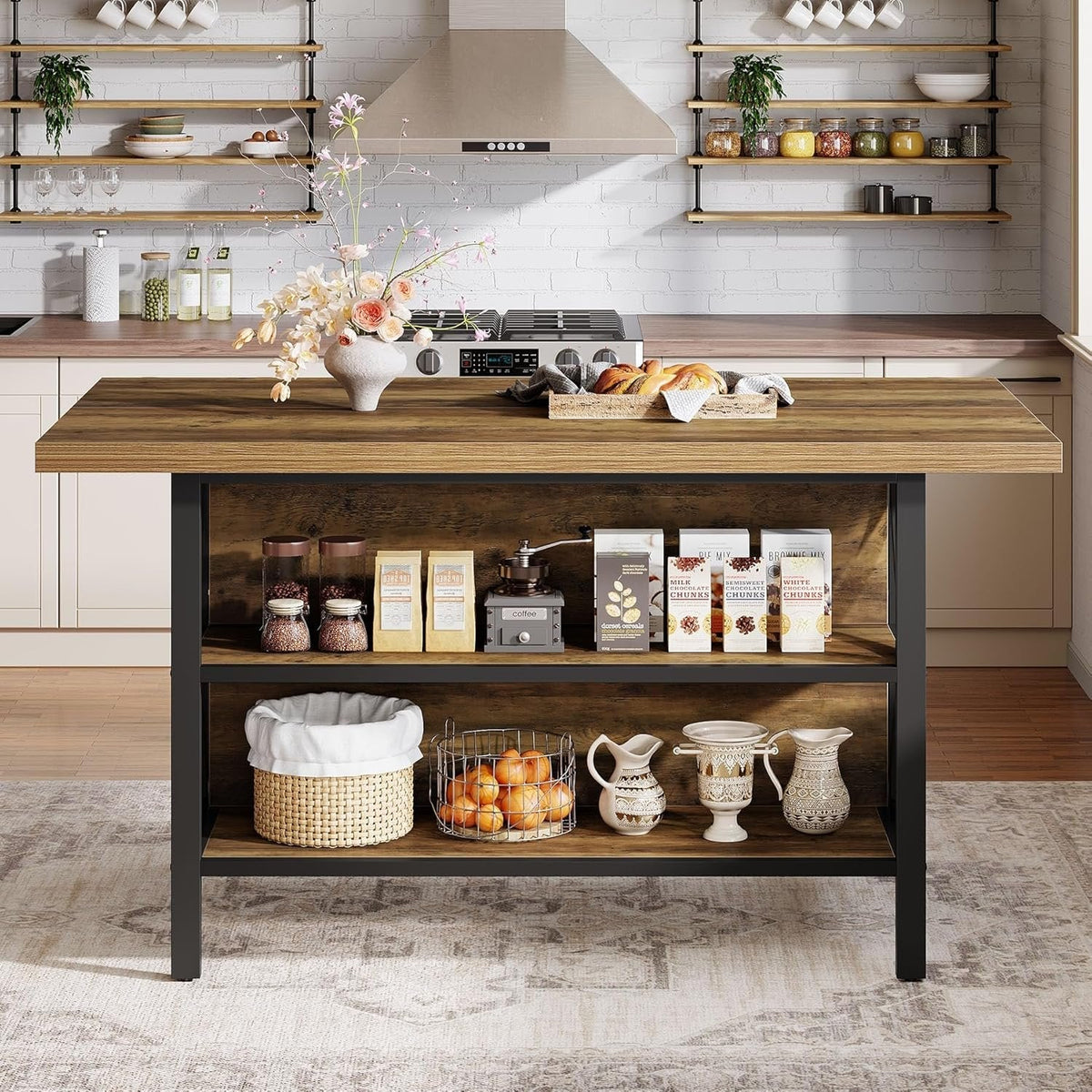 63" Kitchen Island with Storage, 2-Tier Kitchen Bar Table with Large Worktop