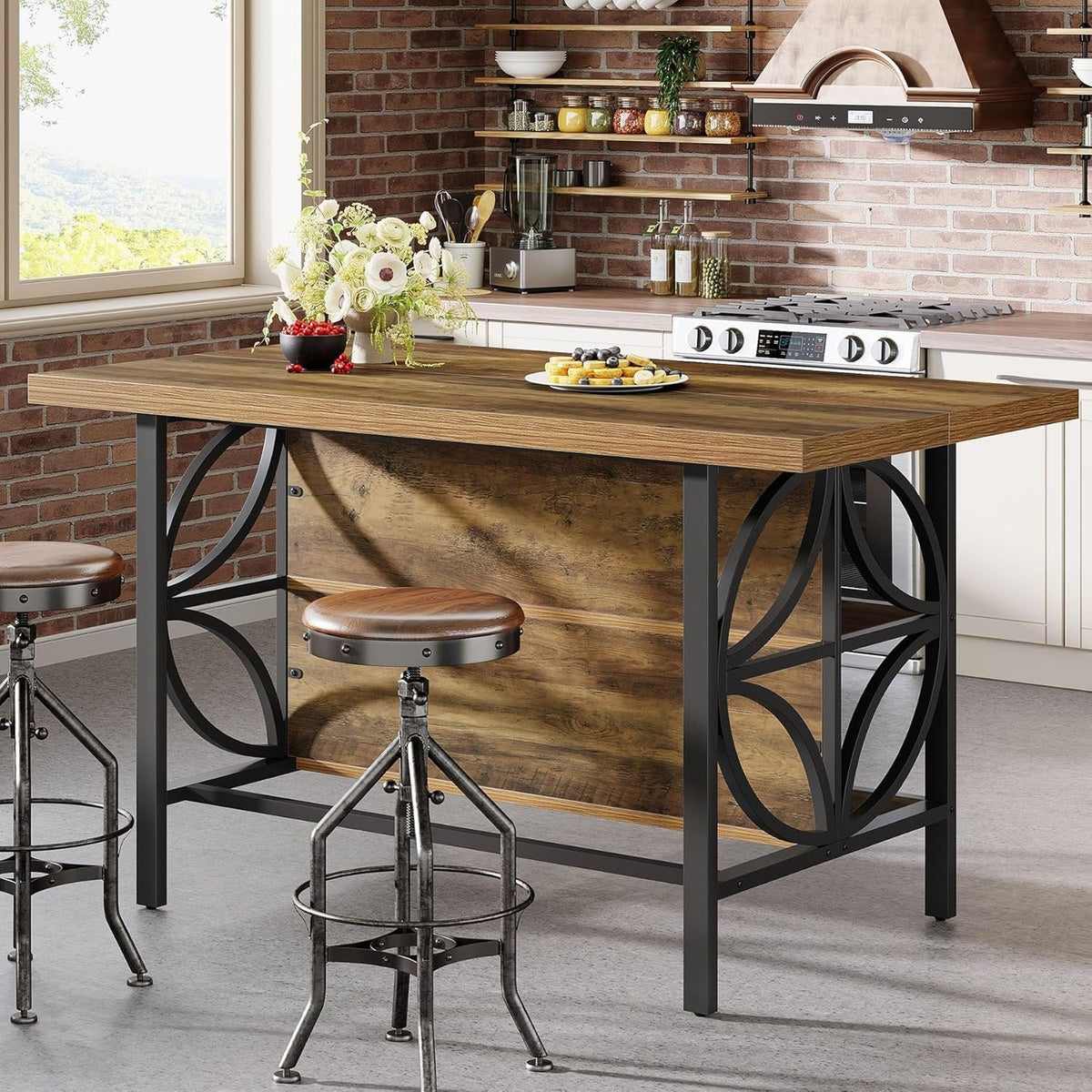 63" Kitchen Island with Storage, 2-Tier Kitchen Bar Table with Large Worktop