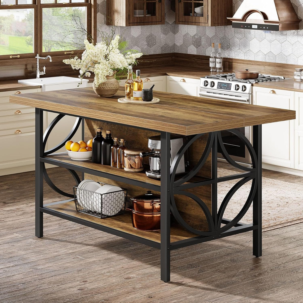 63" Kitchen Island with Storage, 2-Tier Kitchen Bar Table with Large Worktop