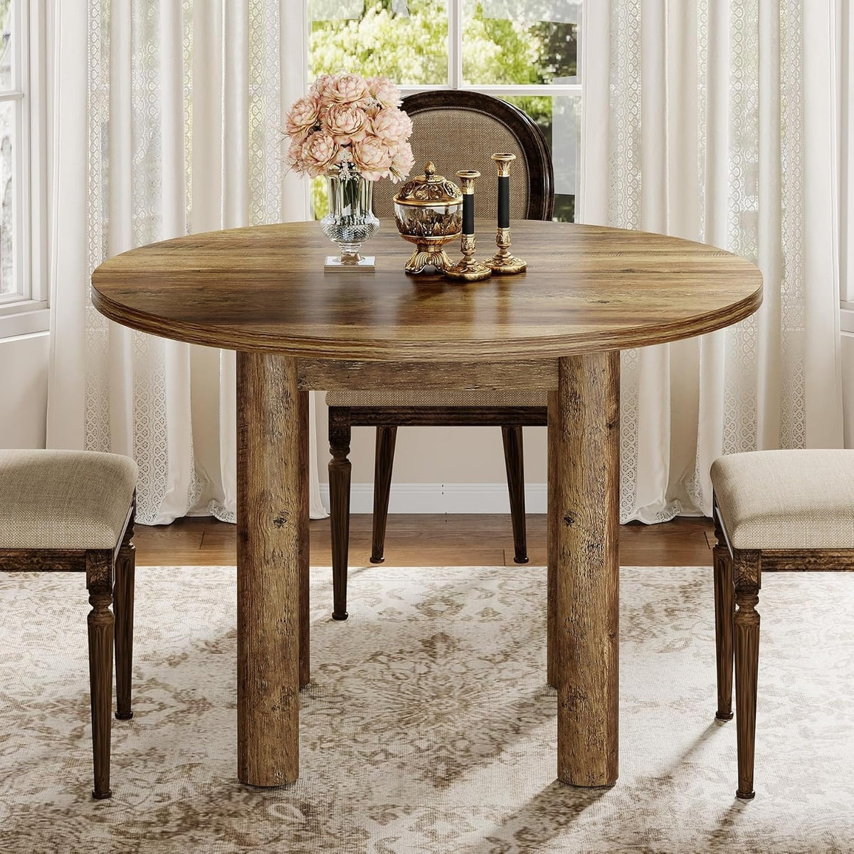 Round Dining Table, 39" Farmhouse Kitchen Table with Sturdy Legs for 4