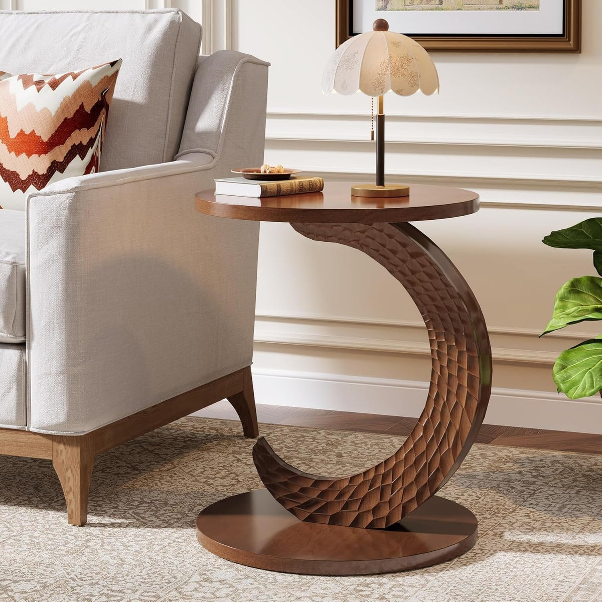 C-Shaped End Table, Sofa Side Table with Carving Texture