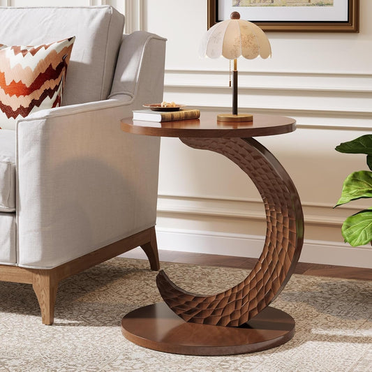 C-Shaped End Table, Sofa Side Table with Carving Texture