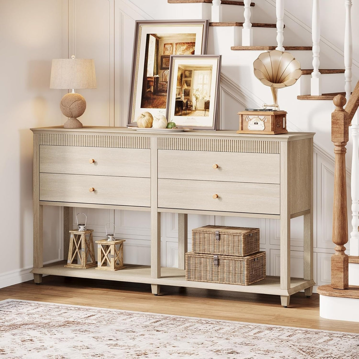 63" Console Table, Long Sofa Table with Drawers and Lower Shelf