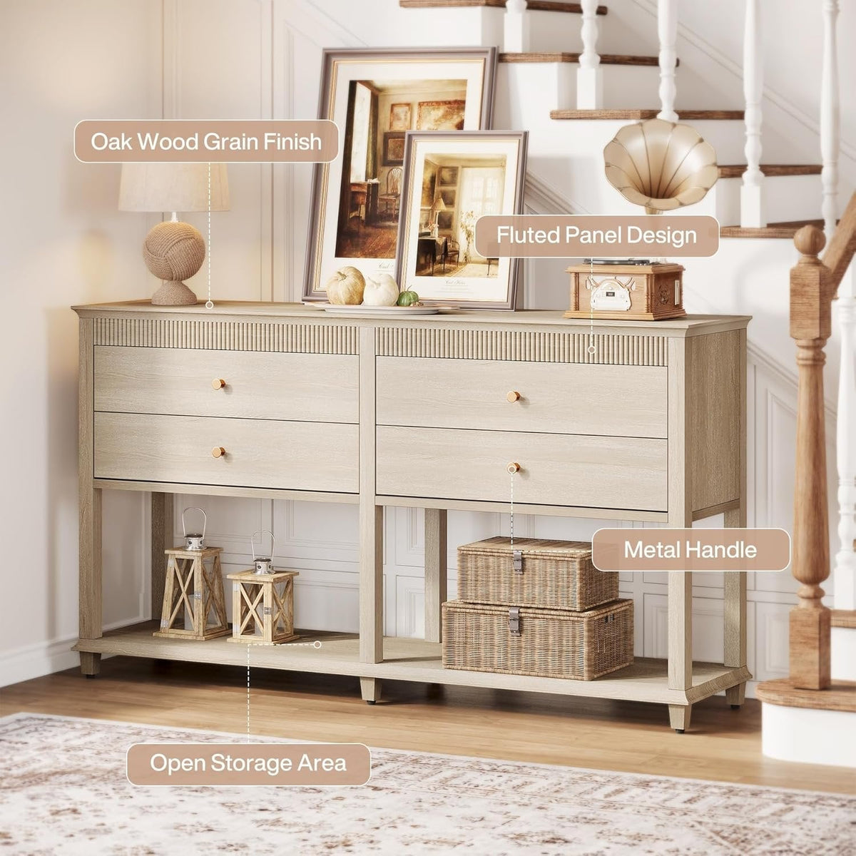 63" Console Table, Long Sofa Table with Drawers and Lower Shelf