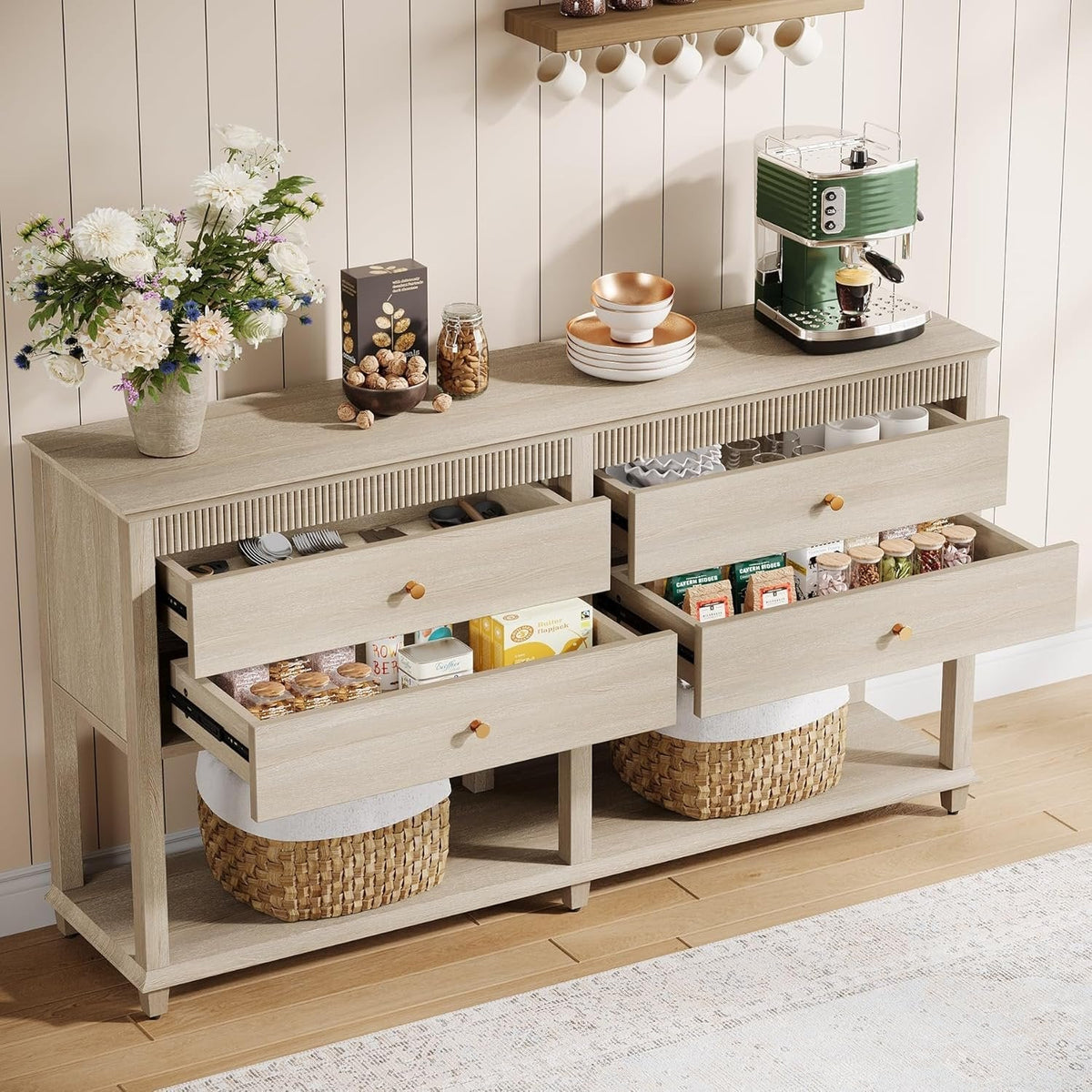 63" Console Table, Long Sofa Table with Drawers and Lower Shelf