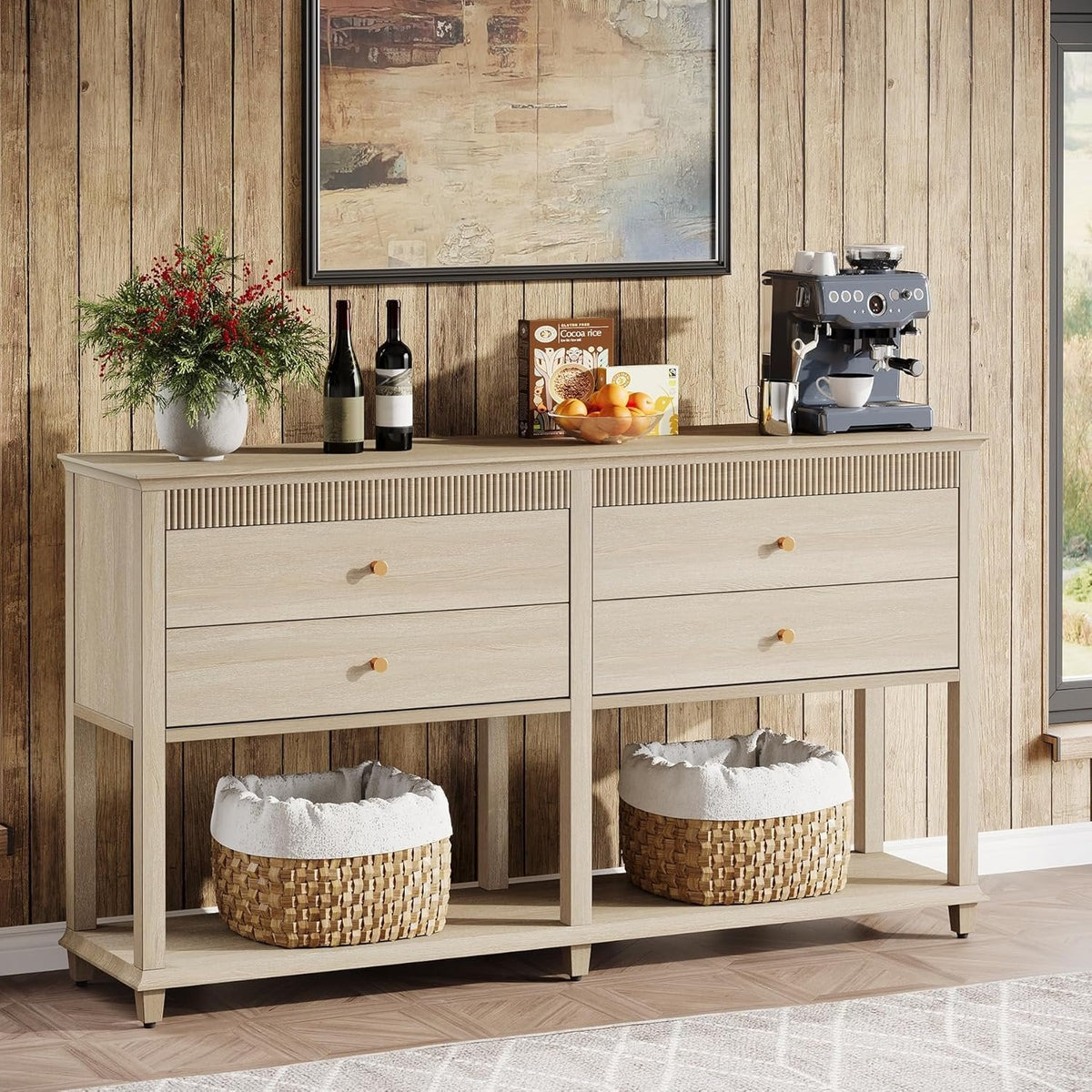63" Buffet Sideboard, Large Coffee Cabinet with 4 Drawers & Storage Shelf