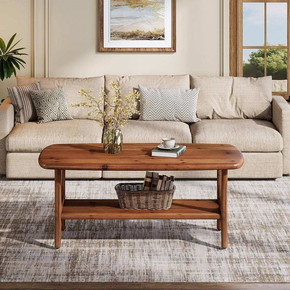 Solid Wood Coffee Table, 47.24” Rectangle Center Table with 2-Tier Storage