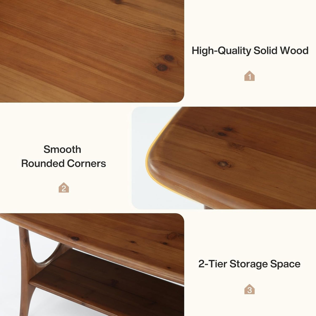 Solid Wood Coffee Table, 47.24” Rectangle Center Table with 2-Tier Storage