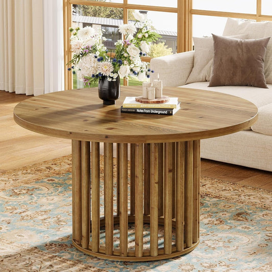 Solid Wood Round Coffee Table, 31.5" Center Tea Table with Cylindrical Hollow Base