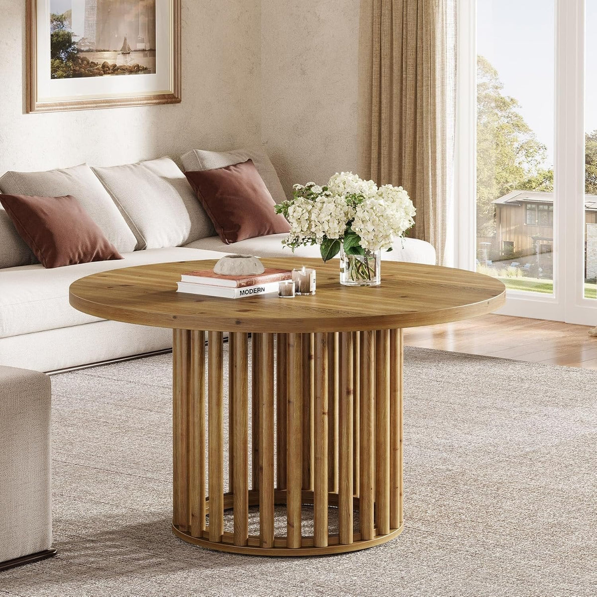 Solid Wood Round Coffee Table, 31.5" Center Tea Table with Cylindrical Hollow Base