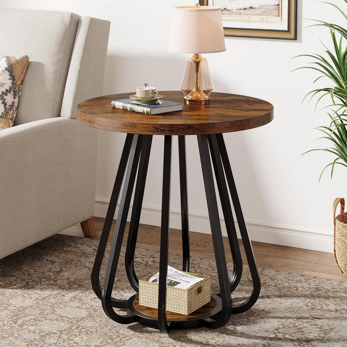 19.6" Side Table, 2-Tier Small Sofa End Table with Metal Frame for Small Spaces