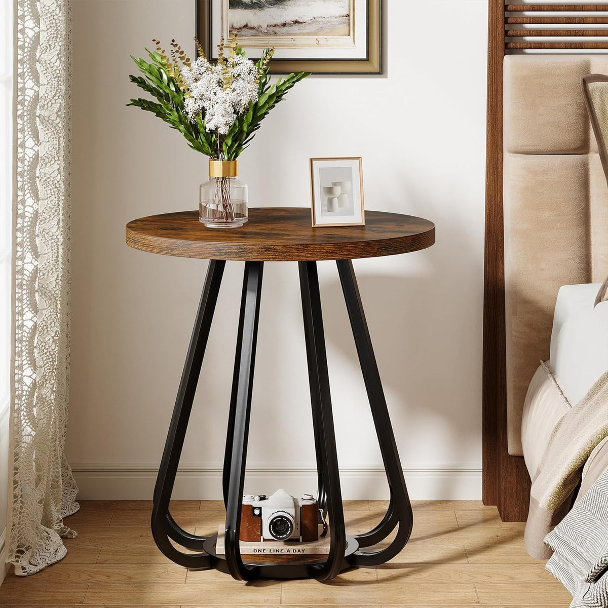 19.6" Side Table, 2-Tier Small Sofa End Table with Metal Frame for Small Spaces