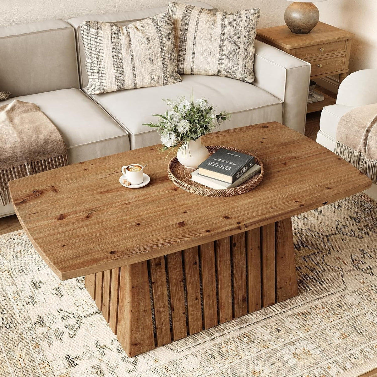 47" Coffee Table, Solid Wood Rectangular Center Table with Heavy-Duty Pedestal Base