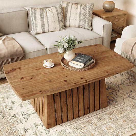 47" Coffee Table, Solid Wood Rectangular Center Table with Heavy-Duty Pedestal Base