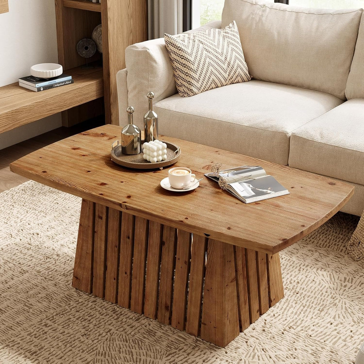 47" Coffee Table, Solid Wood Rectangular Center Table with Heavy-Duty Pedestal Base