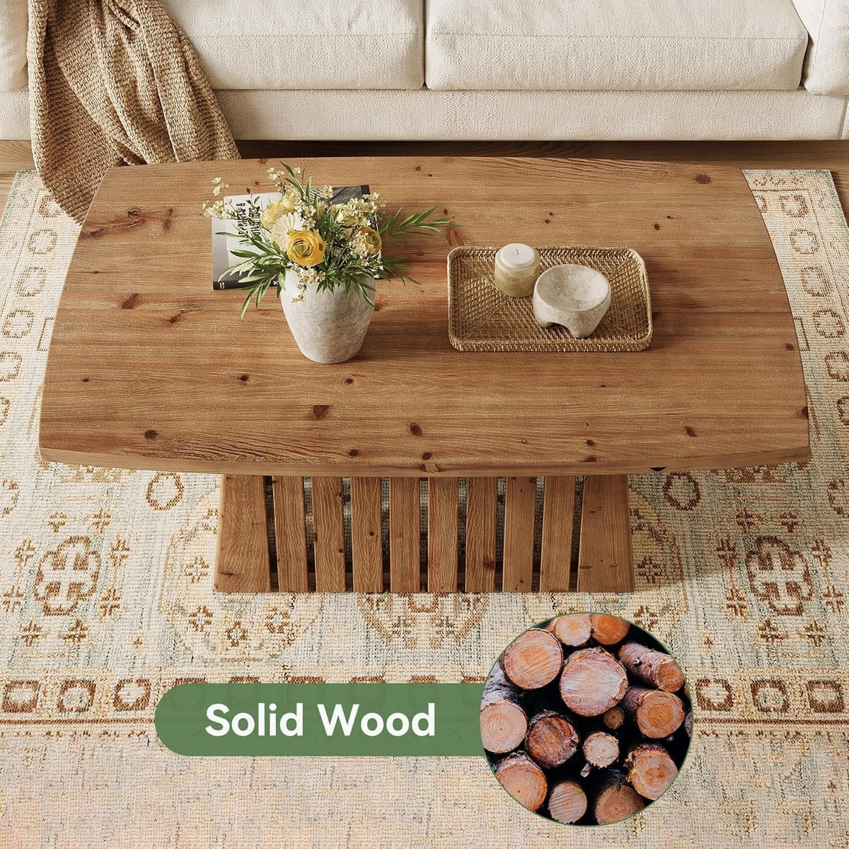 47" Coffee Table, Solid Wood Rectangular Center Table with Heavy-Duty Pedestal Base
