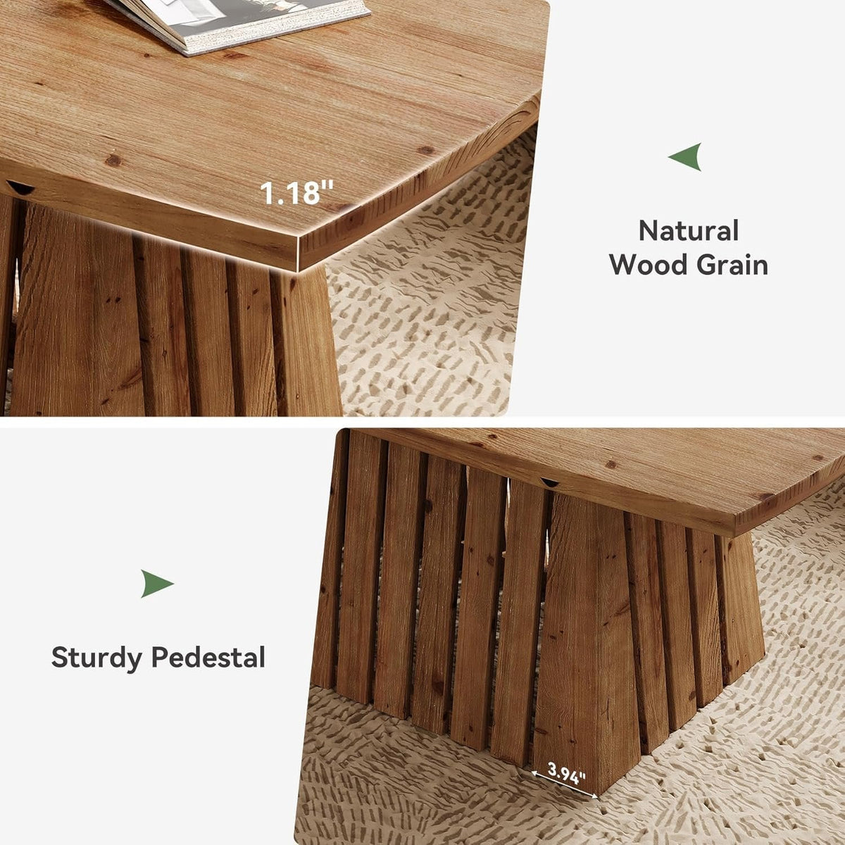 47" Coffee Table, Solid Wood Rectangular Center Table with Heavy-Duty Pedestal Base