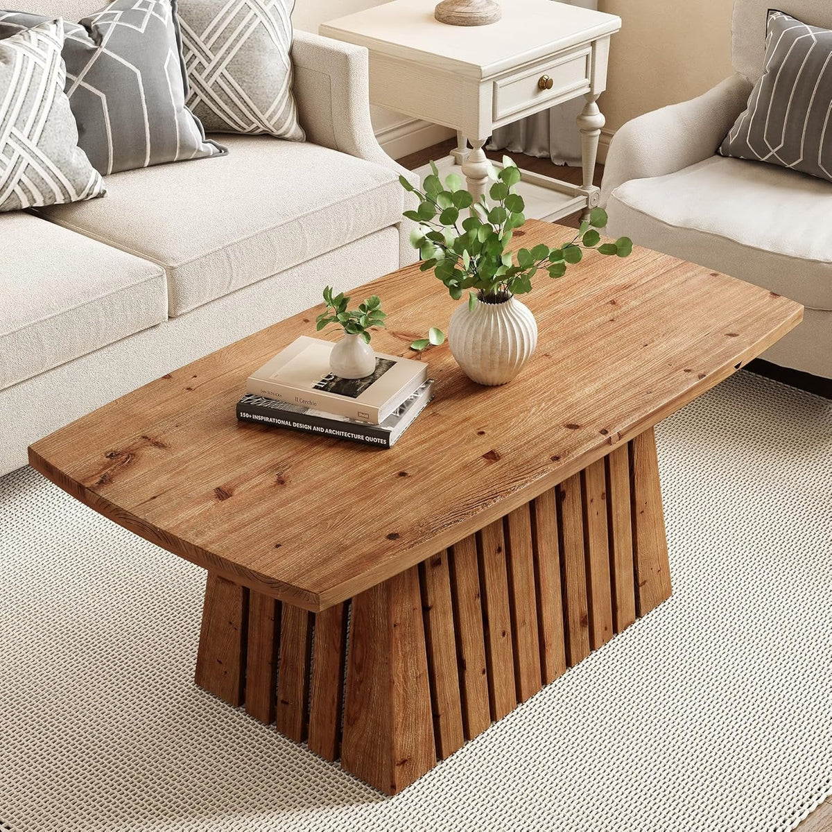 47" Coffee Table, Solid Wood Rectangular Center Table with Heavy-Duty Pedestal Base
