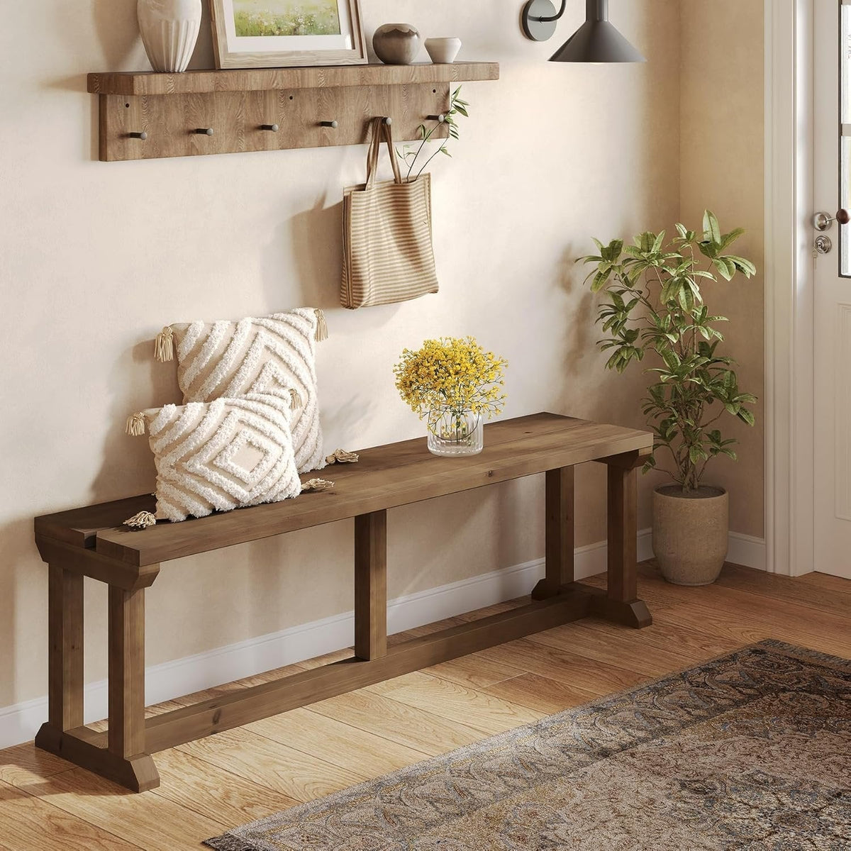 Solid Wood Shoe Bench, 59" Farmhouse Entryway Bench Bed Seat