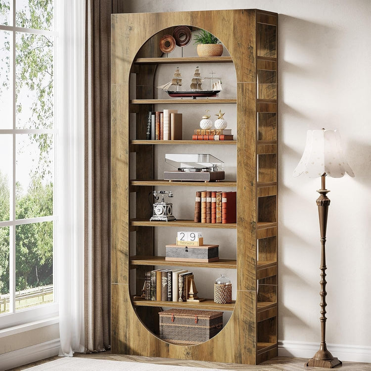 70.8" Tall Bookcase, 8-Tier Wood Arched Bookshelf Etagere with Storage