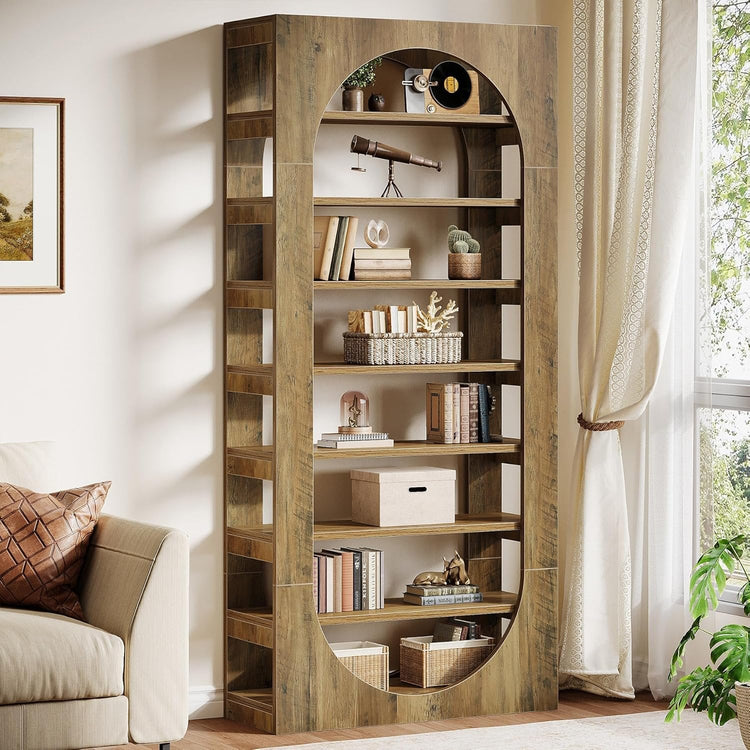 70.8" Tall Bookcase, 8-Tier Wood Arched Bookshelf Etagere with Storage