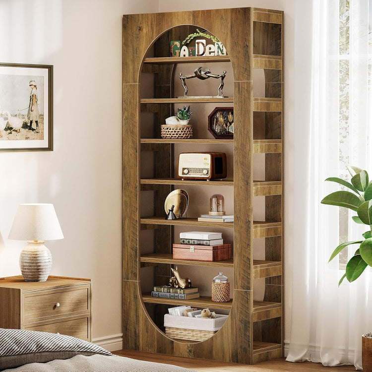 70.8" Tall Bookcase, 8-Tier Wood Arched Bookshelf Etagere with Storage