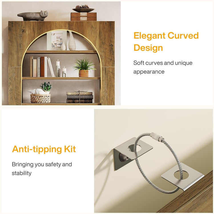 70.8" Tall Bookcase, 8-Tier Wood Arched Bookshelf Etagere with Storage