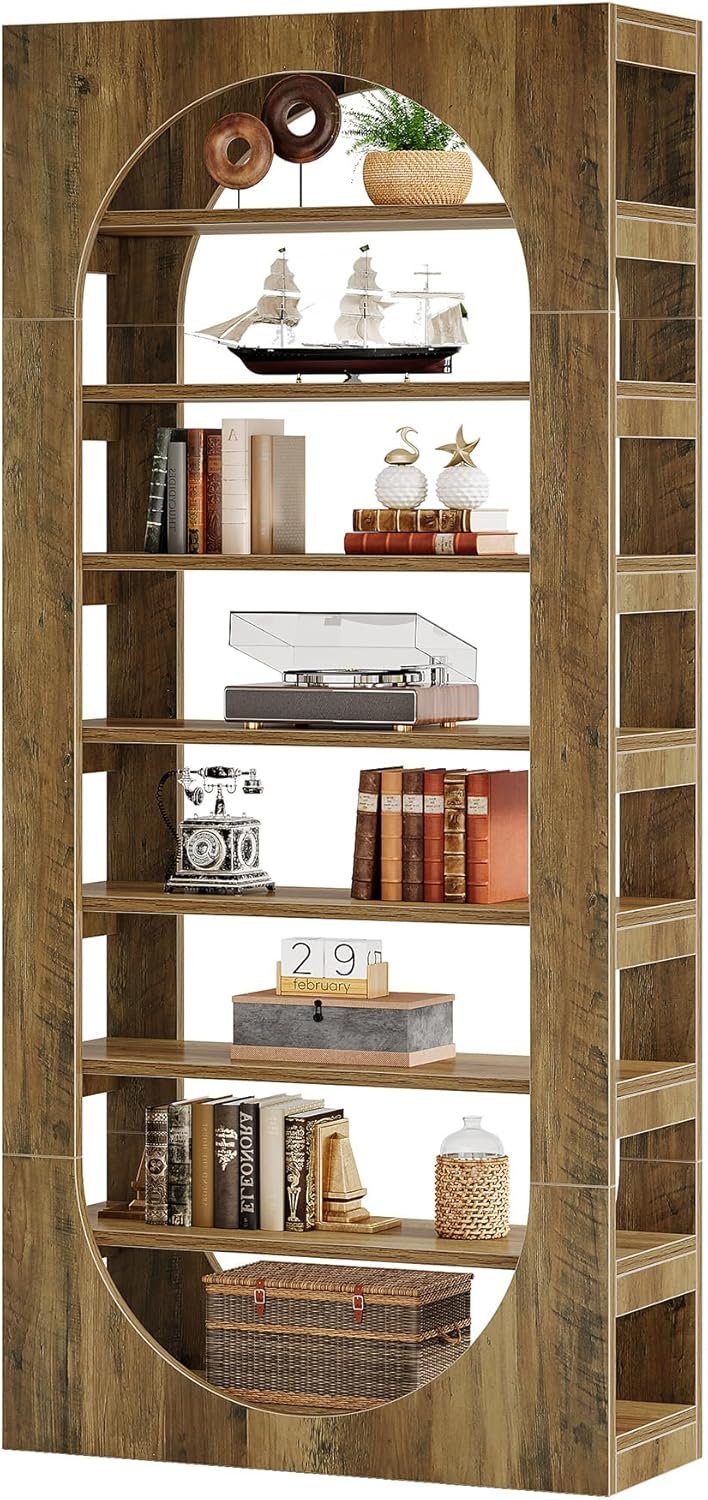 70.8" Tall Bookcase, 8-Tier Wood Arched Bookshelf Etagere with Storage