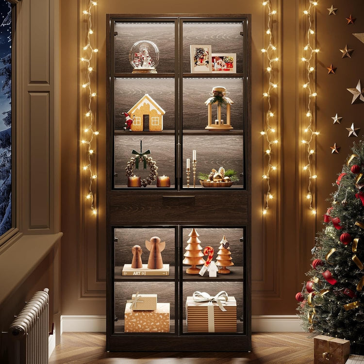 71" Display Cabinet, 5-Tier Curio Cabinet Display Case Bookcase with LED Lights