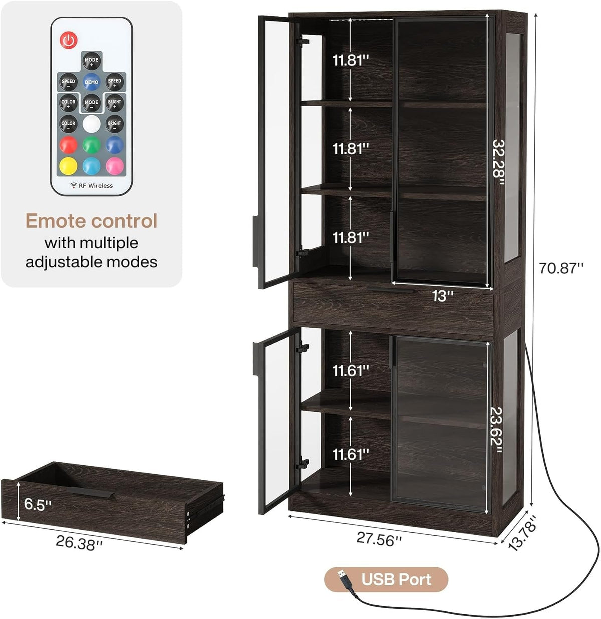 71" Display Cabinet, 5-Tier Curio Cabinet Display Case Bookcase with LED Lights