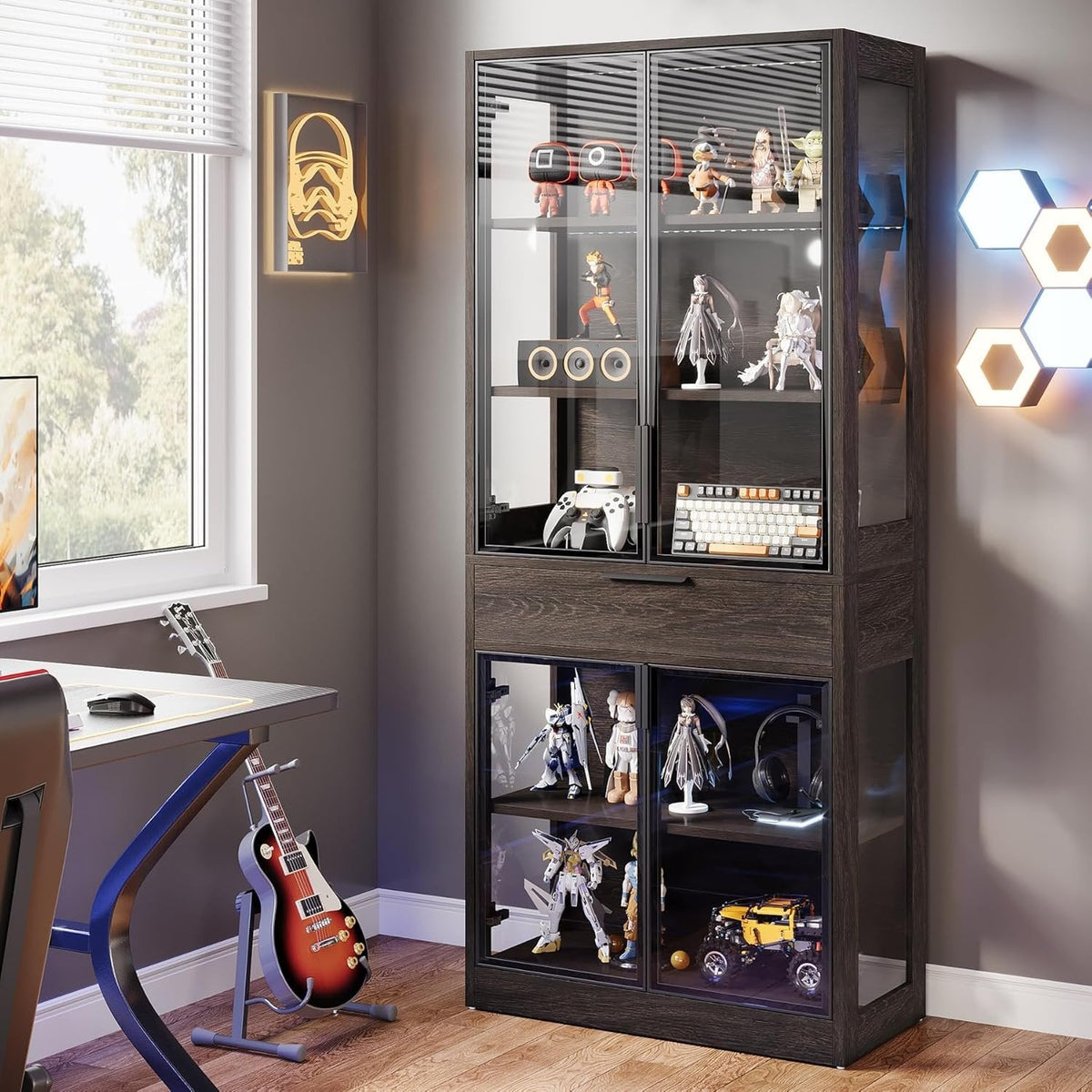 71" Display Cabinet, 5-Tier Curio Cabinet Display Case Bookcase with LED Lights