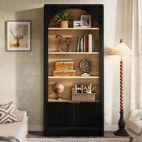 71" Tall Bookcase, 5-Tier Arched Bookshelf with Storage Cabinet and Fluted Doors