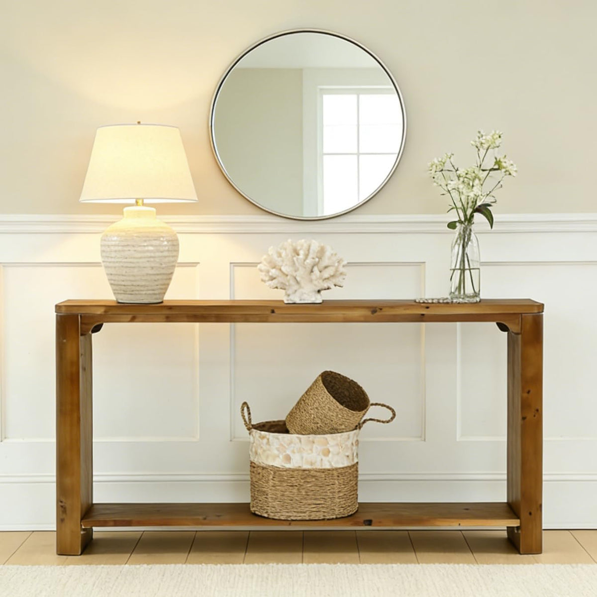 63" Solid Wood Console Table, Farmhouse Sofa Table Entryway Table with 2-Tier Storage