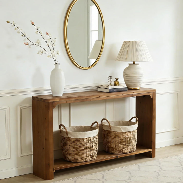 63" Solid Wood Console Table, Farmhouse Sofa Table Entryway Table with 2-Tier Storage