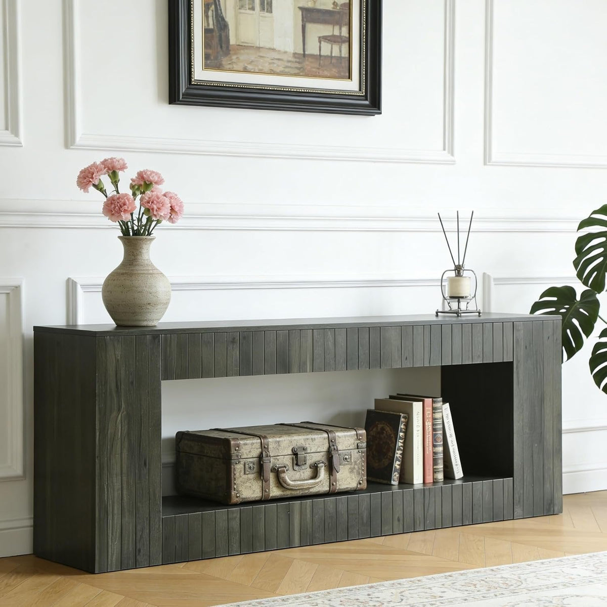 63“ Low Sofa Console Table, 2-Tier Wooden Entryway Table with Storage Shelf