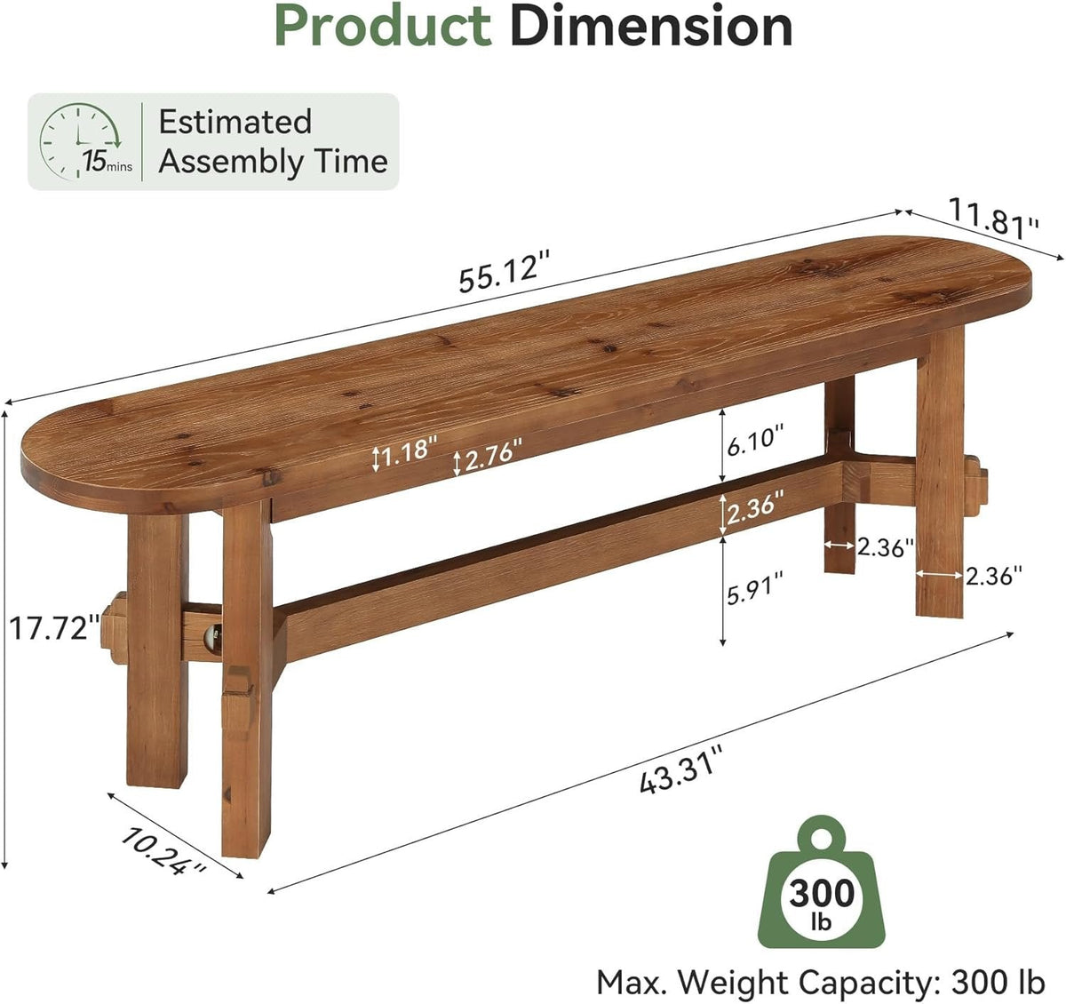 55" Solid Wood Dining Bench, Indoor Bench for Dining Table & Living Room