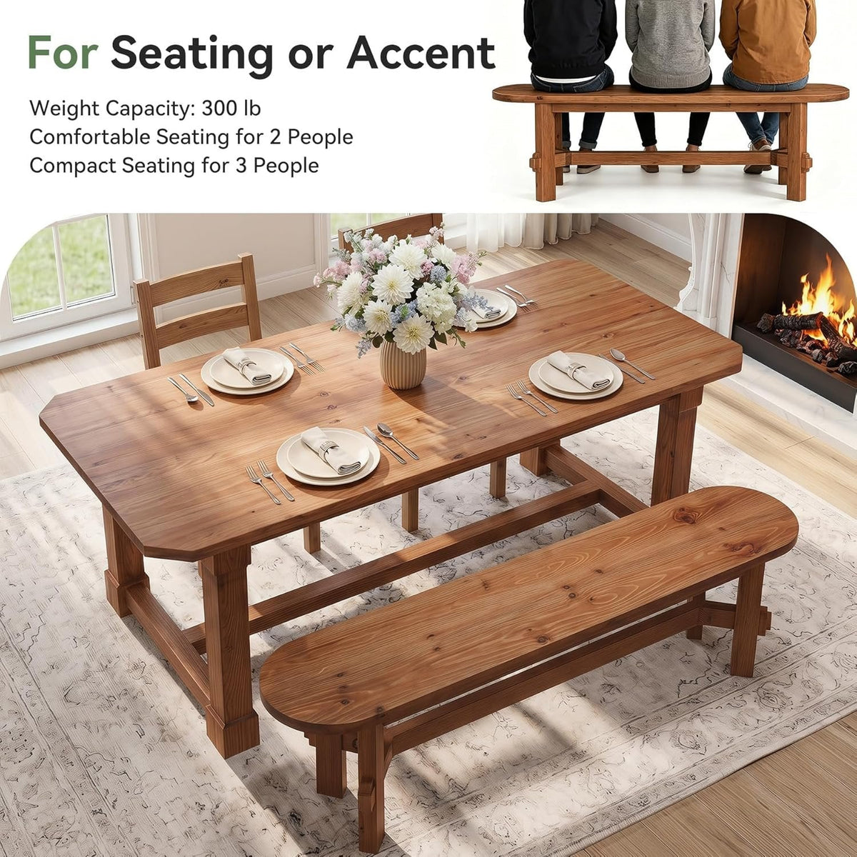 55" Solid Wood Dining Bench, Indoor Bench for Dining Table & Living Room