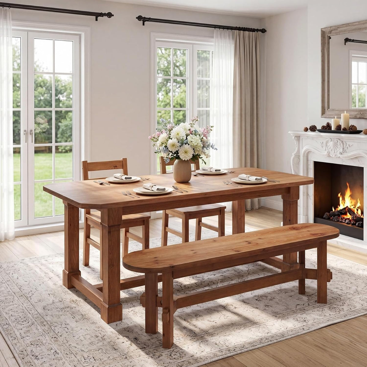 55" Solid Wood Dining Bench, Indoor Bench for Dining Table & Living Room