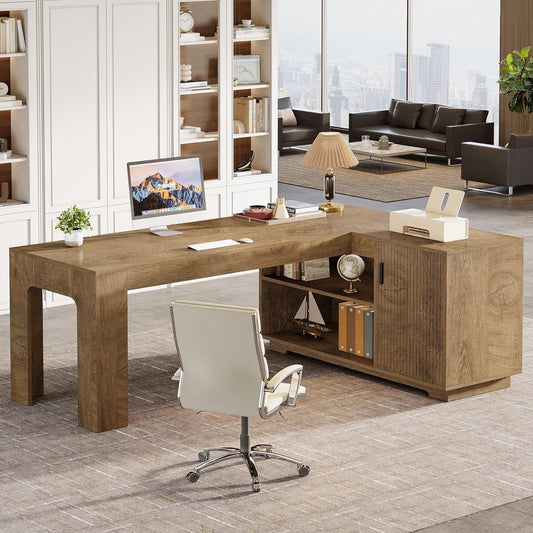 59" L-Shaped Desk with Storage Cabinet, Farmhouse Corner Computer Desk with Open Storage Shelves for Office