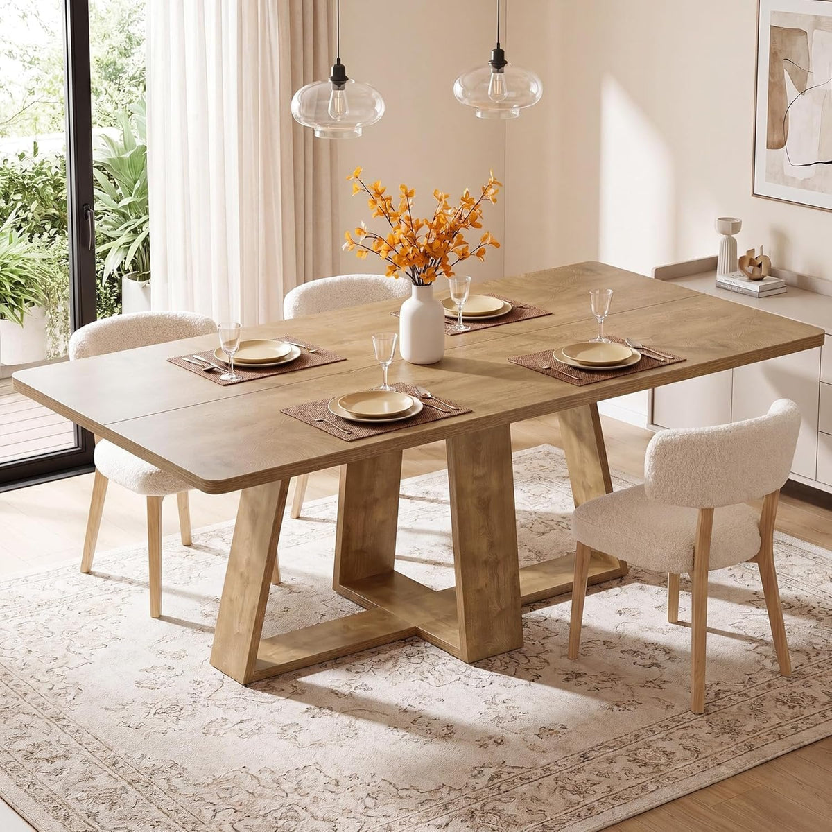 63" Dining Table, Farmhouse Kitchen Table with Wooden Pedestal for Kitchen