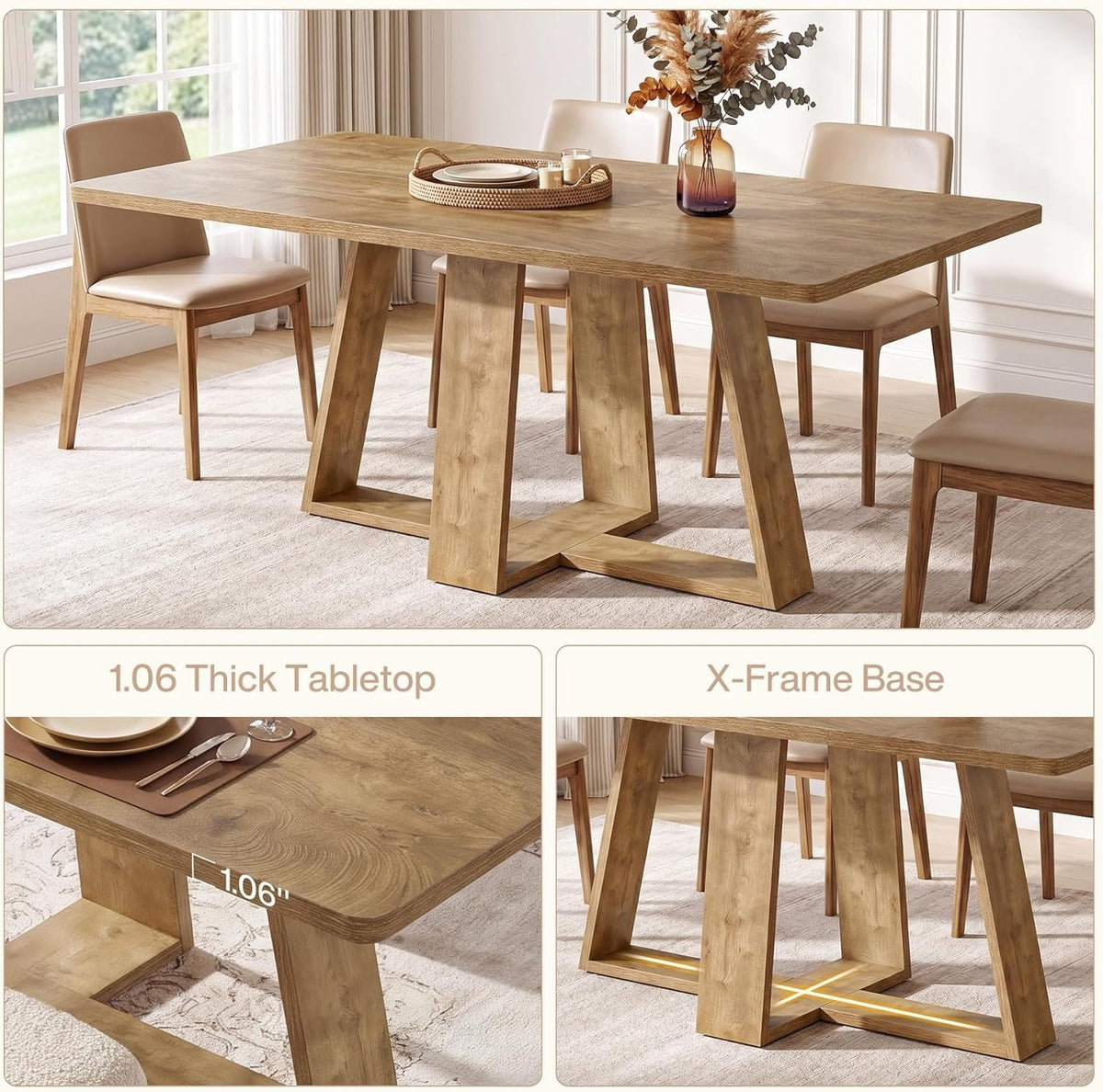 63" Dining Table, Farmhouse Kitchen Table with Wooden Pedestal for Kitchen
