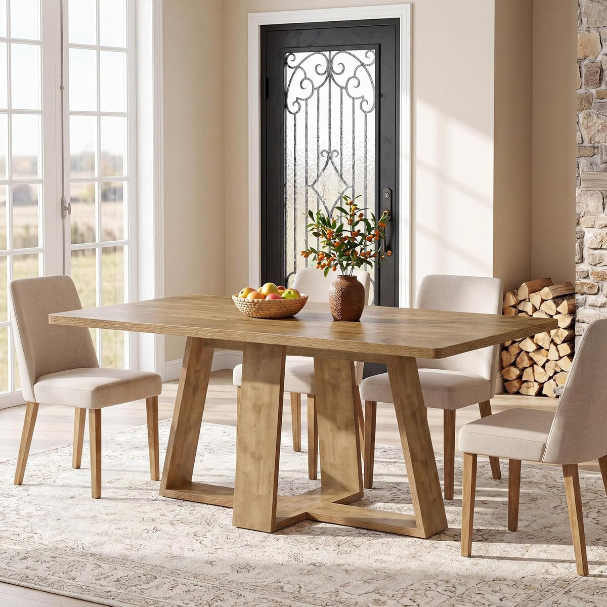 63" Dining Table, Farmhouse Kitchen Table with Wooden Pedestal for Kitchen