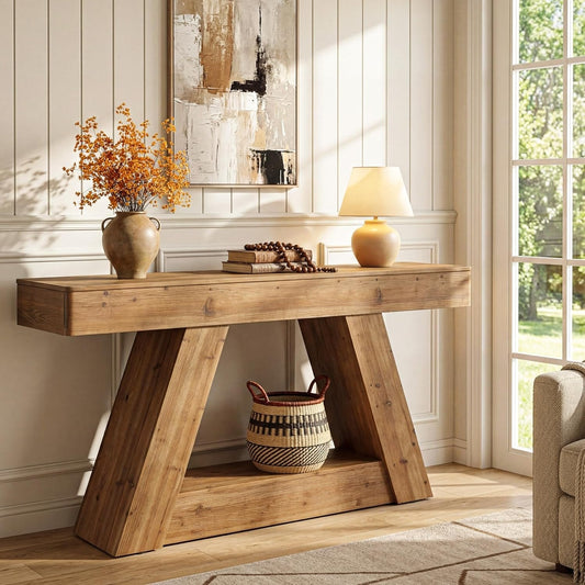 63” Solid Wood Console Table, Farmhouse Sofa Table Behind Couch with 2-Tier Storage for Hallway