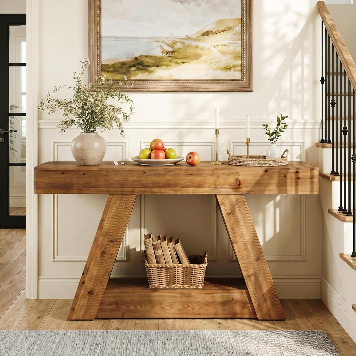 63” Solid Wood Console Table, Farmhouse Sofa Table Behind Couch with 2-Tier Storage for Hallway
