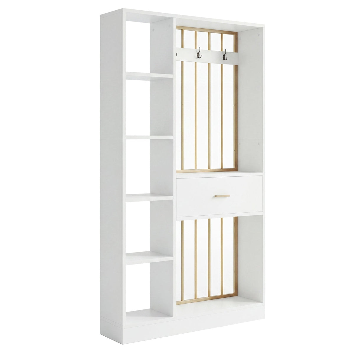 70.8" Room Divider with Storage Shelves, Drawer & Coat Rack, Freestanding Wood Partition Wall