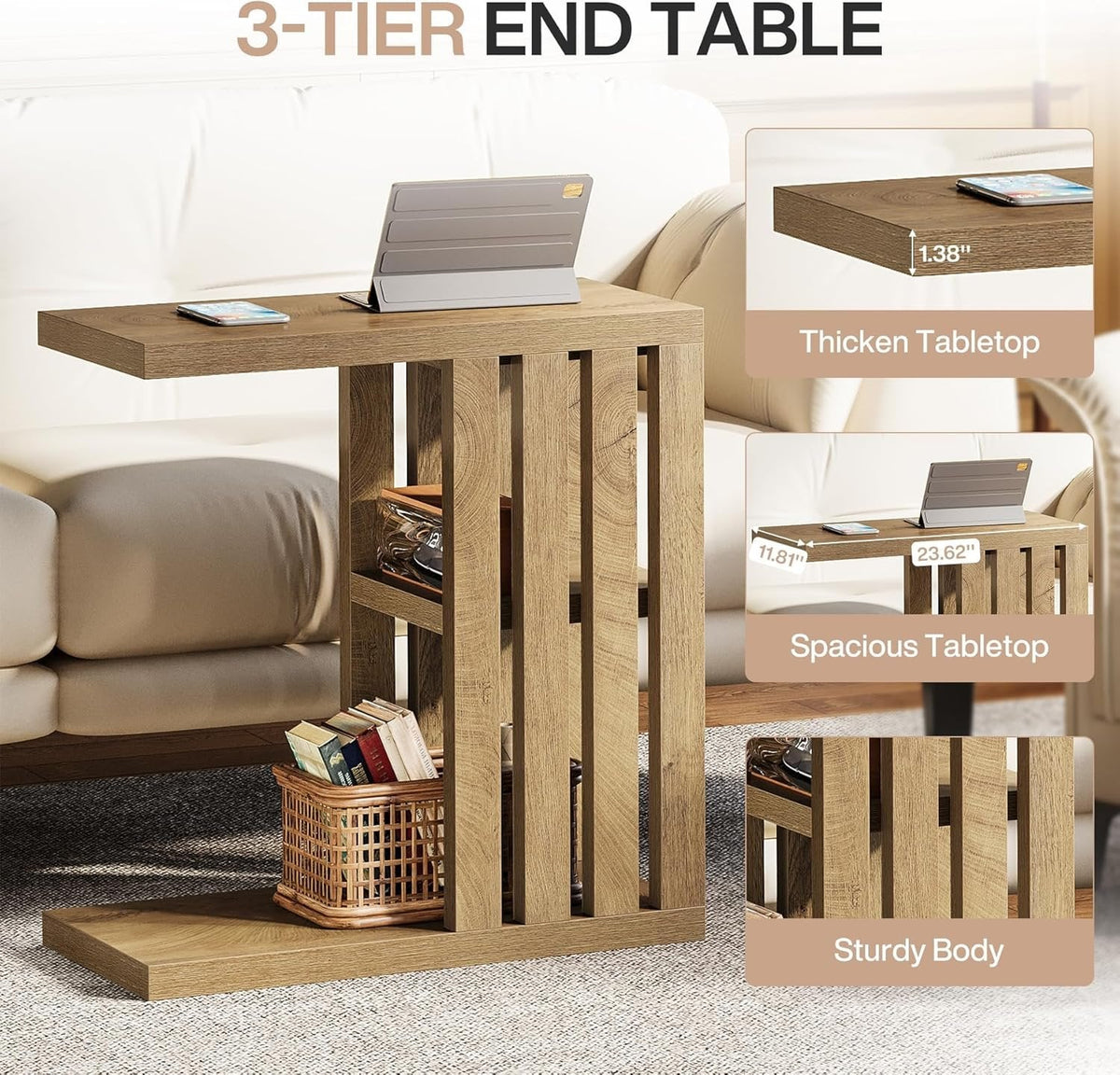 C-Shaped End Table, Small Side Table 3-Tier Wooden Bedside Table for Couch