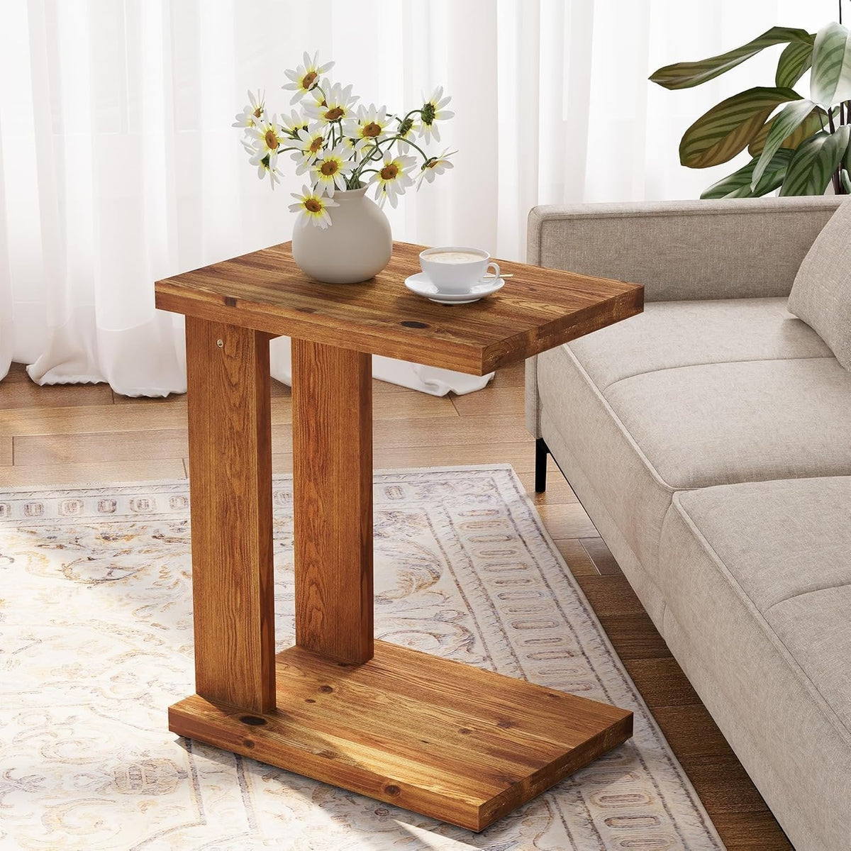 C-Shaped End Table, Wood 2-Tier Side Table Bedside Nightstand